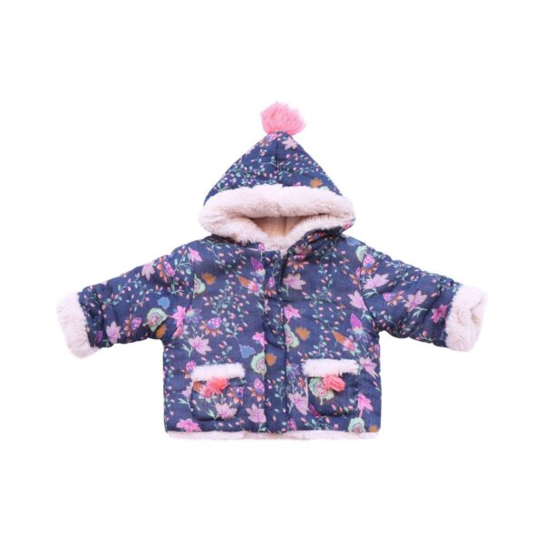 Fur-lined Hooded Print Jacket | Blue Multi 9m - Designed by Louise Misha