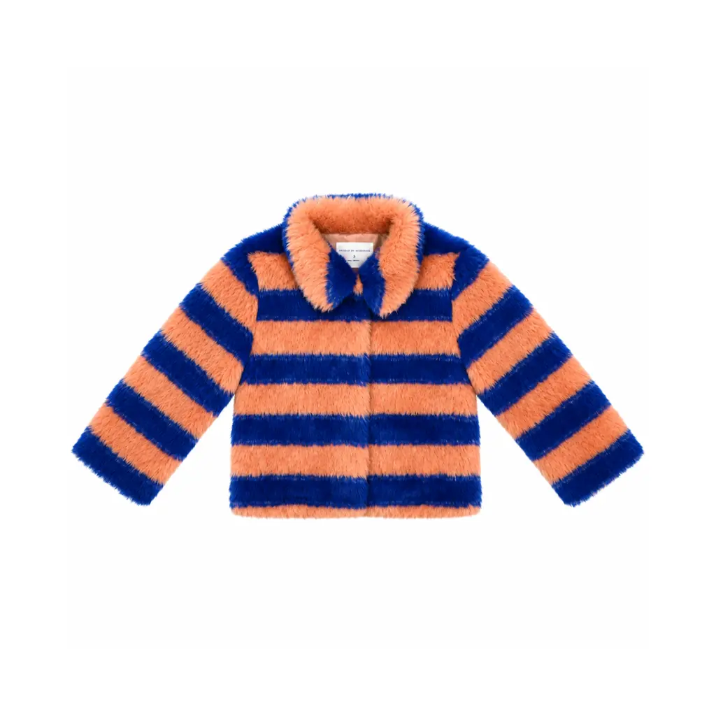 Striped Faux Fur Jacket | Blue/Pink 5y - Designed by ROCKETS OF AWESOME