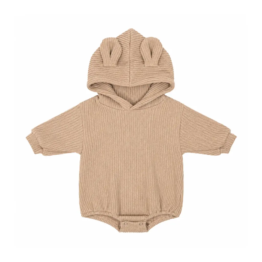 Hooded Rib-Knit Romper | Tan 12m - Designed by PIT A PAT