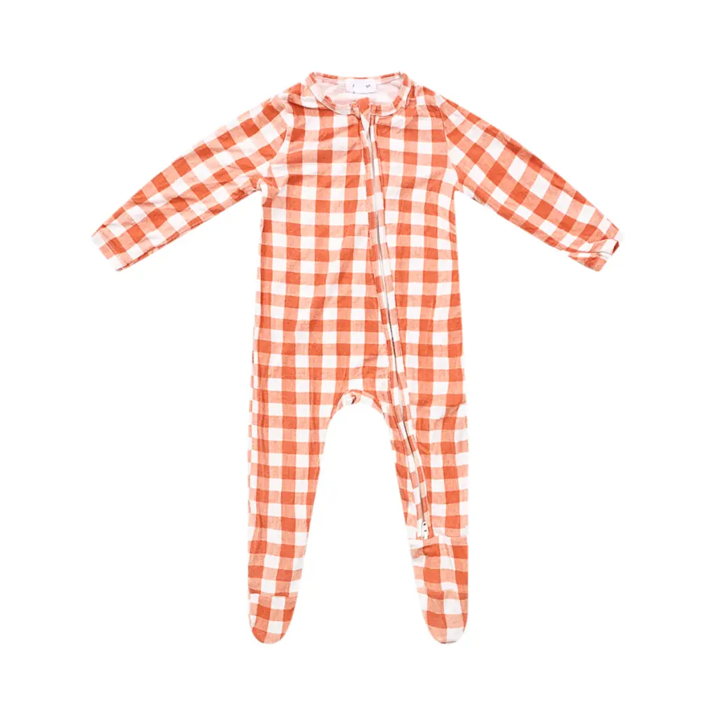 Gingham Zip Footie | Orange Gingham  6/9m - Designed by ANGEL DEAR
