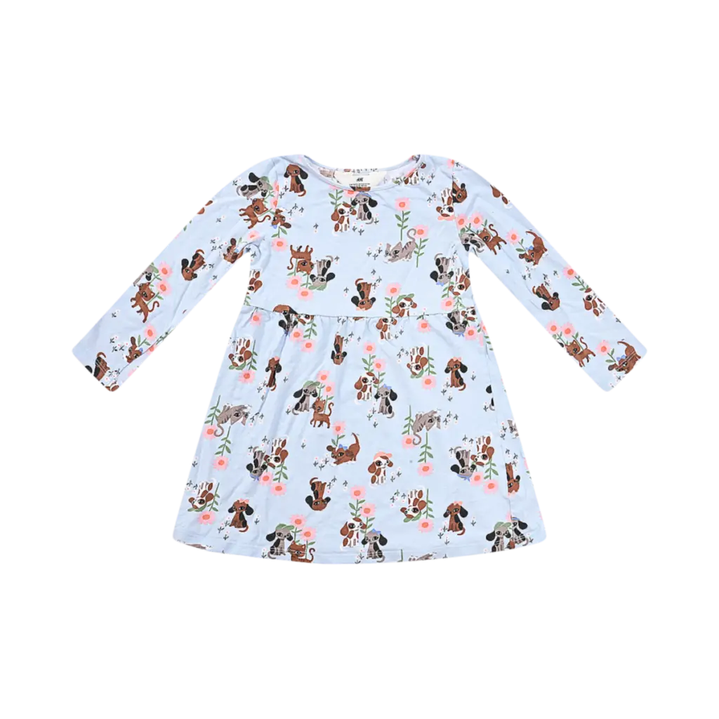 Long Sleeve Puppy & Kitty Dress | Light Blue Multi  4/6y - Designed by H&M