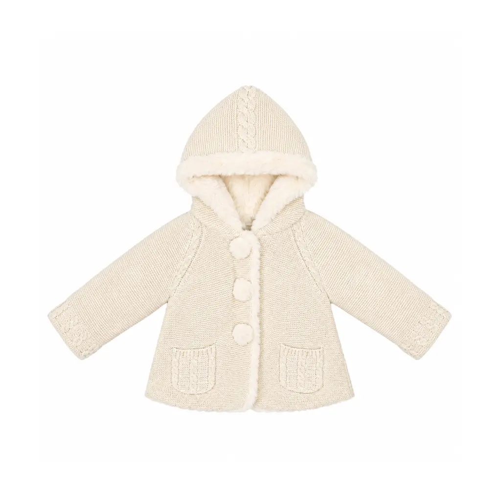 Hooded Cable-Knit Cardigan Jacket | Cream  6/9m - Designed by Mayoral