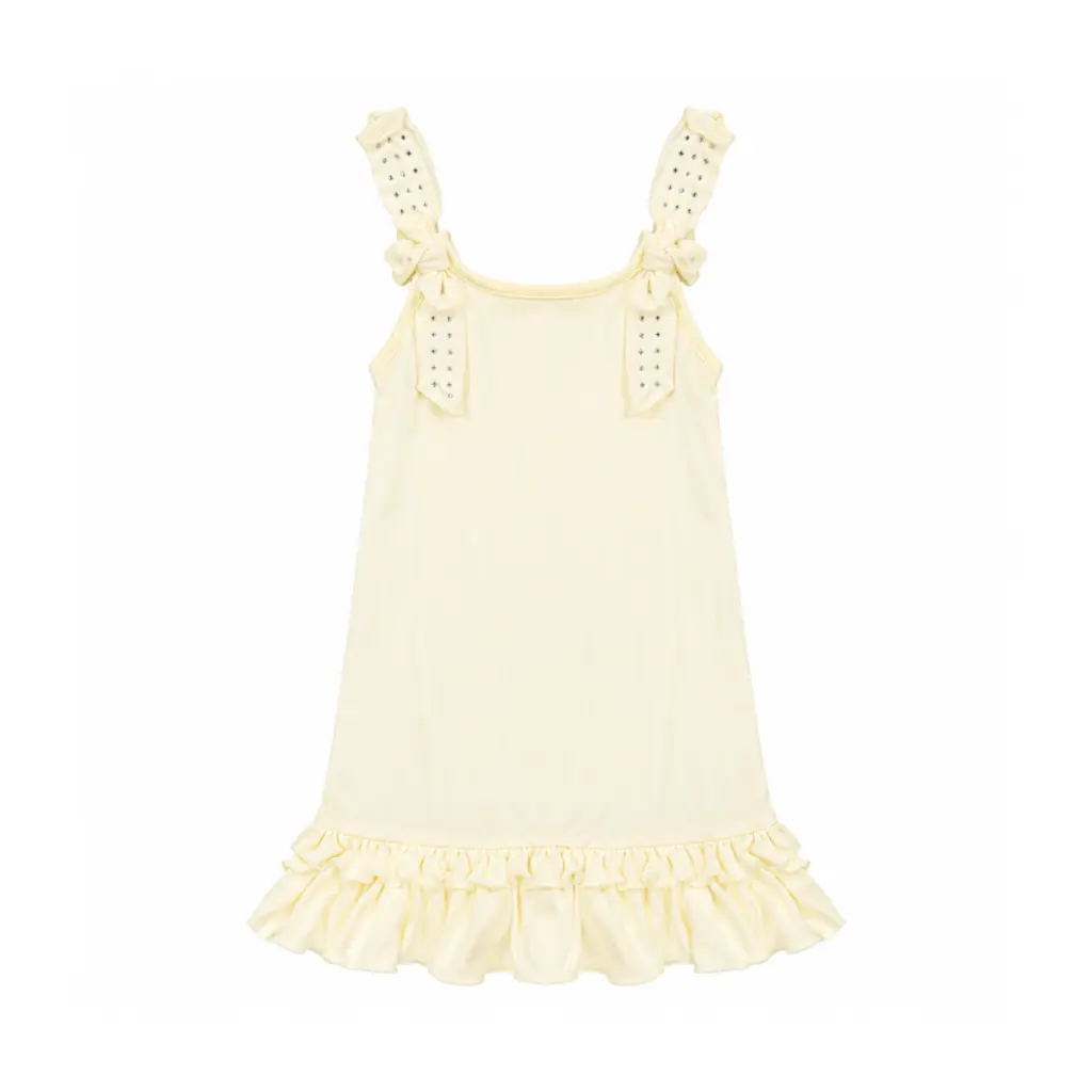Rhinestone Bow Strap Dress | Cream - Designed by MONNALISA