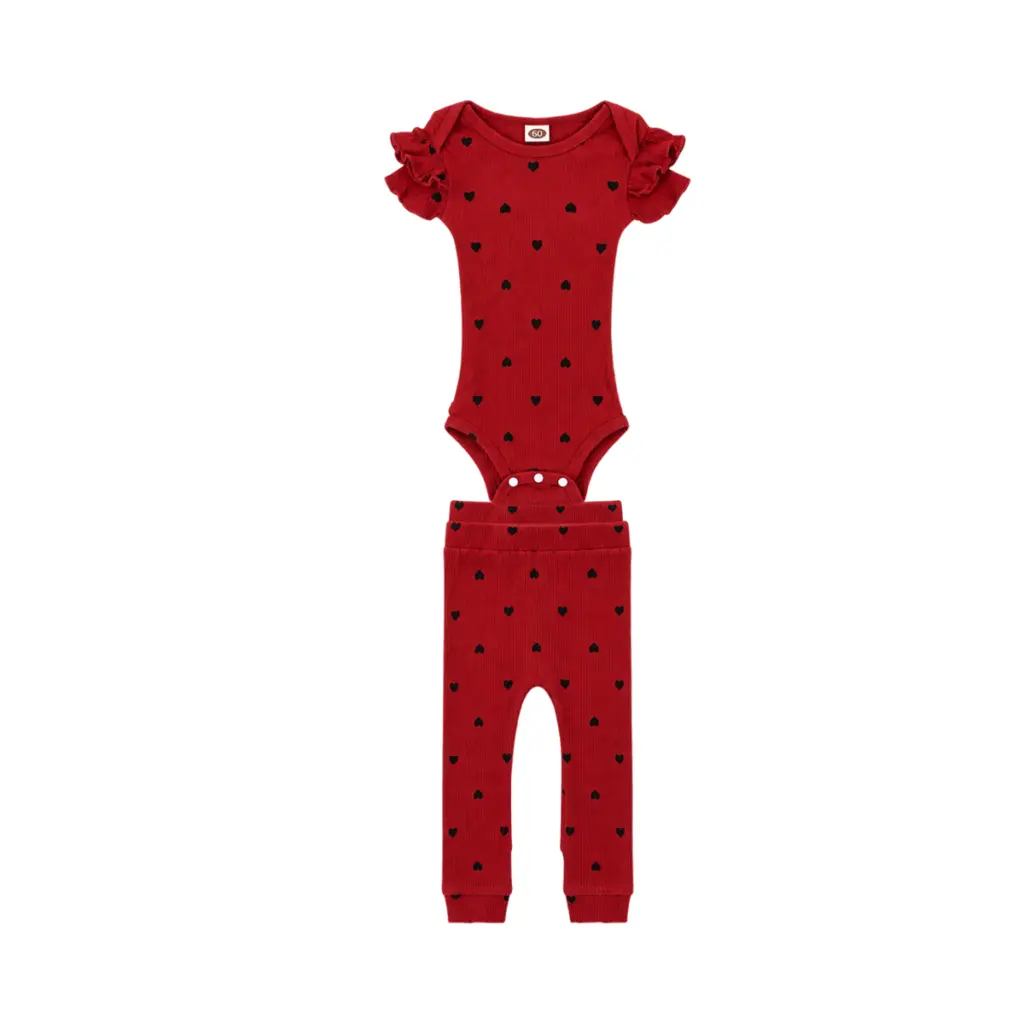 Heart Print Bodysuit & Leggings Set | Red - Designed by UNKNOWN