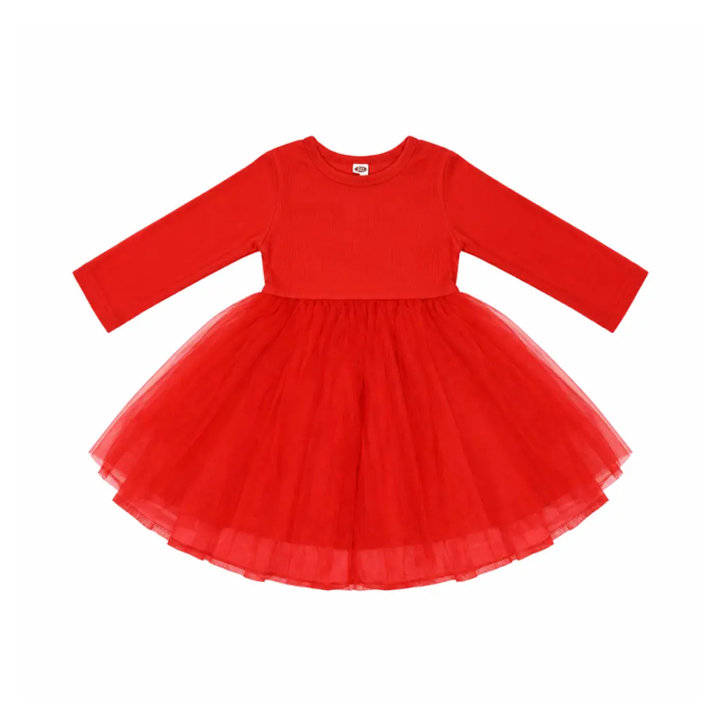 Long Sleeve Ribbed Tulle Dress | Red - Designed by UNKNOWN