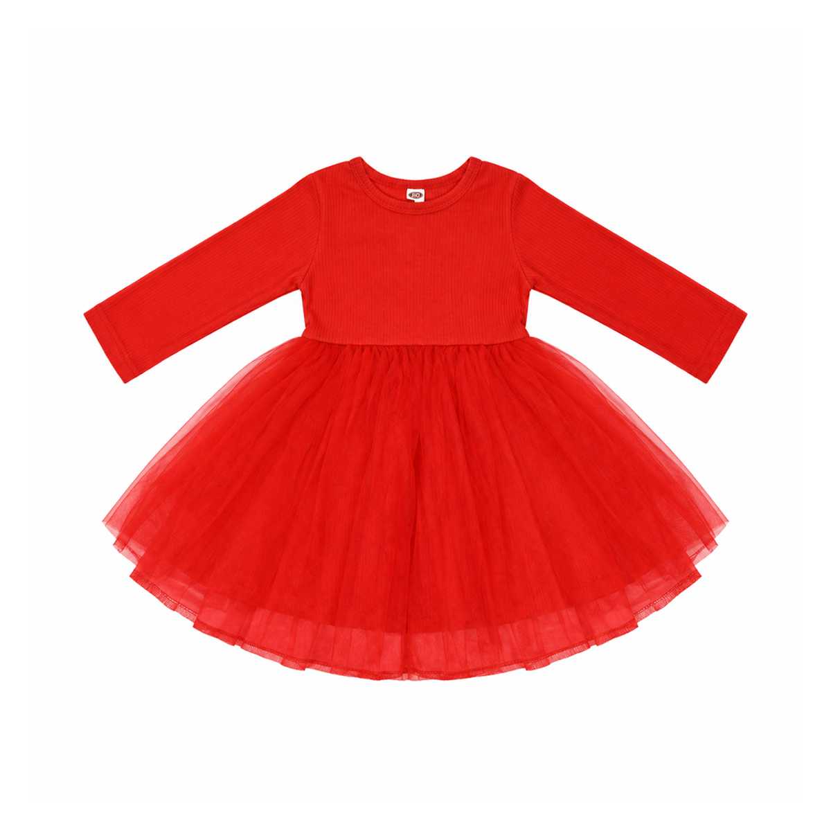 Long Sleeve Ribbed Tulle Dress | Red - Designed by UNKNOWN