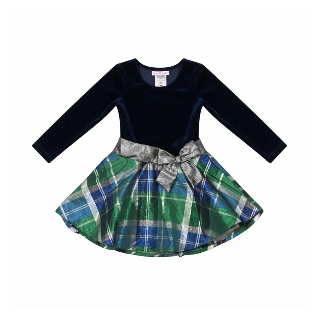 Velvet Plaid Metallic Bow Dress | Navy & Green Plaid - Designed by BONNIE JEAN