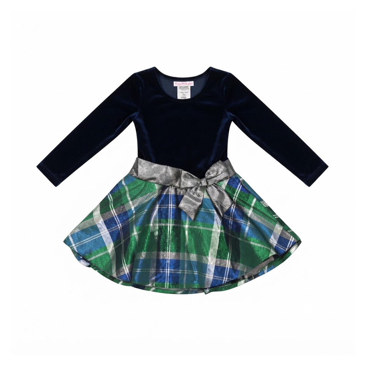 Velvet Plaid Metallic Bow Dress | Navy & Green Plaid - Designed by BONNIE JEAN
