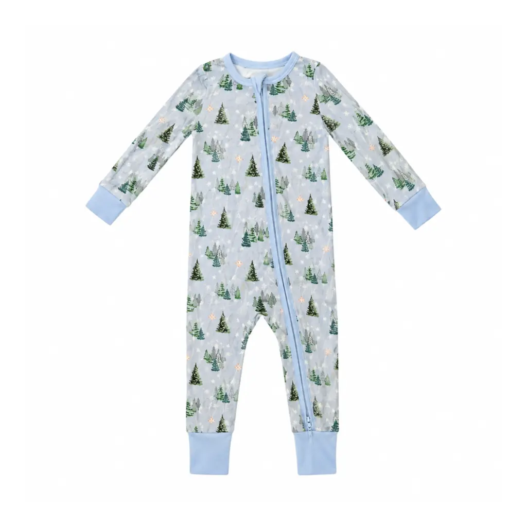 Pine Tree Zip Pajama Romper | Light Blue - Designed by FREE BIRDEES