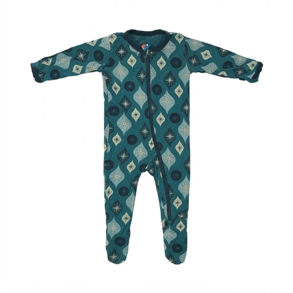 Ornament Print Footed Pajamas | Deep Teal - Designed by KICKEE PANTS