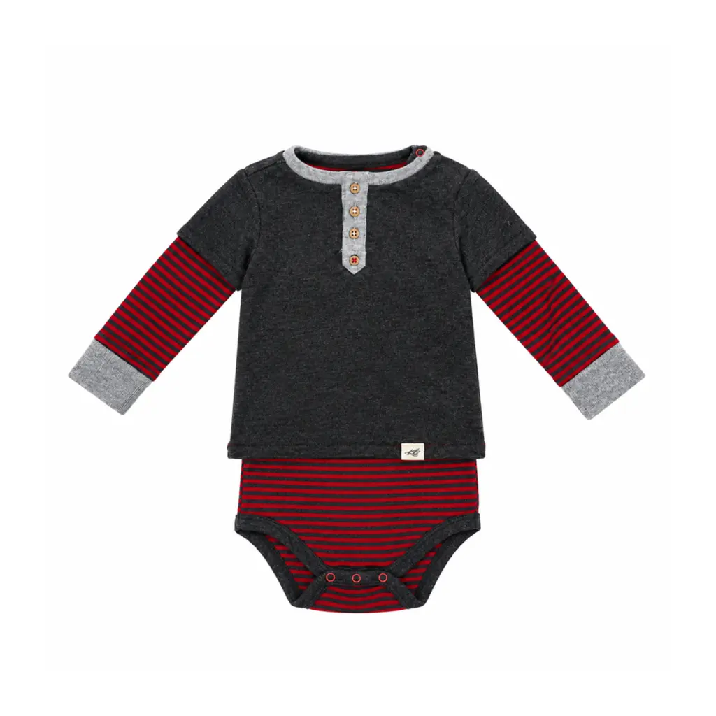 Striped Henley Long Sleeve Bodysuit | Charcoal & Red - Designed by BURT'S BEES