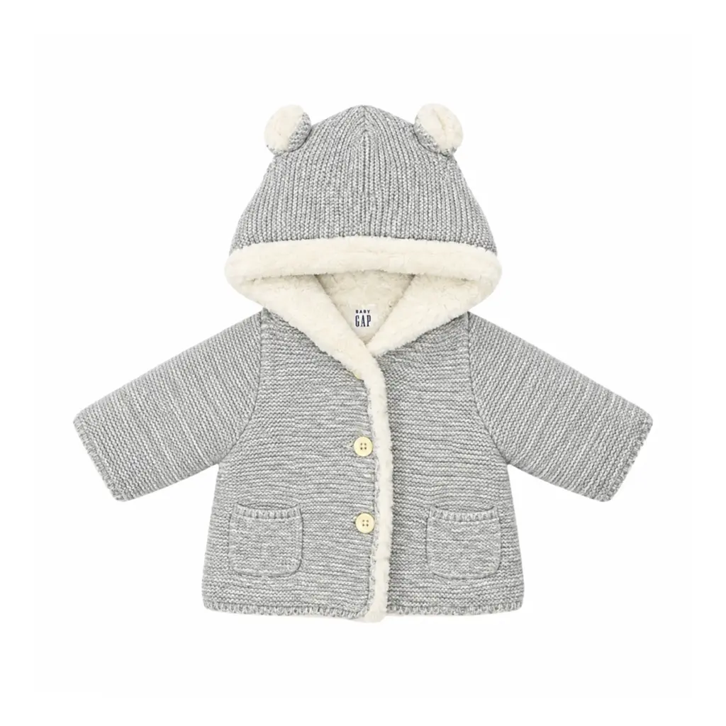 Hooded Bear Ear Knit Cardigan | Heather Grey  0/3m - Designed by Baby Gap