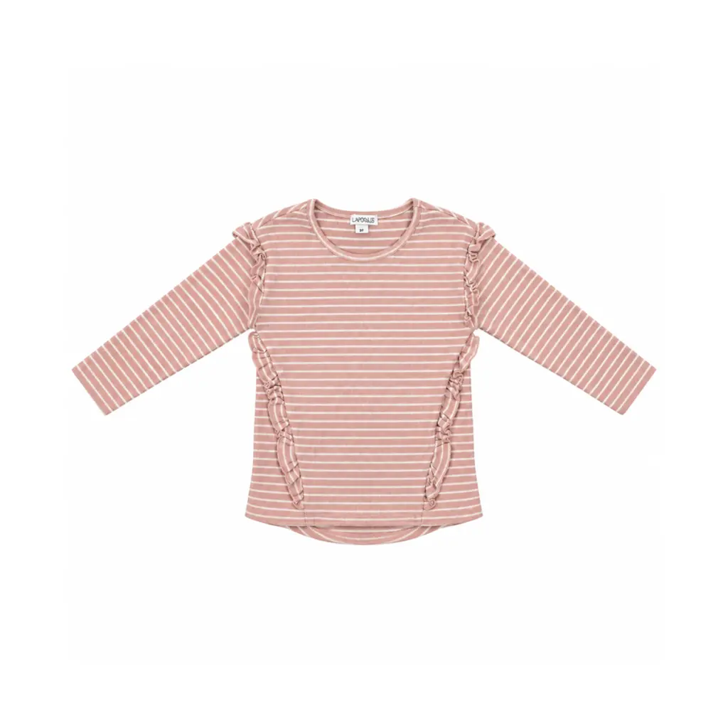 Long Sleeve Striped Ruffle Top | Dusty Pink  3y - Designed by FLAPDOODLES