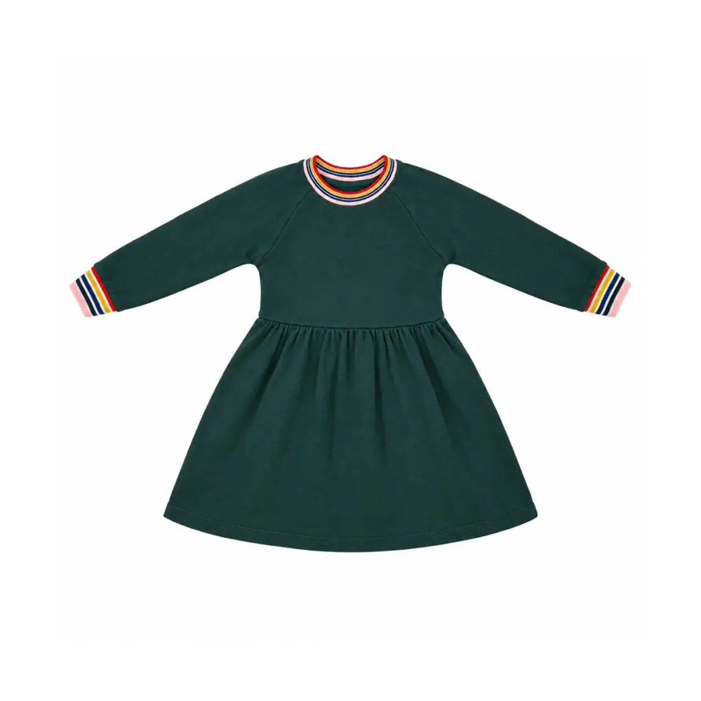 Striped Trim Long Sleeve Dress | Dark Green  5y - Designed by HANNA ANDERSSON