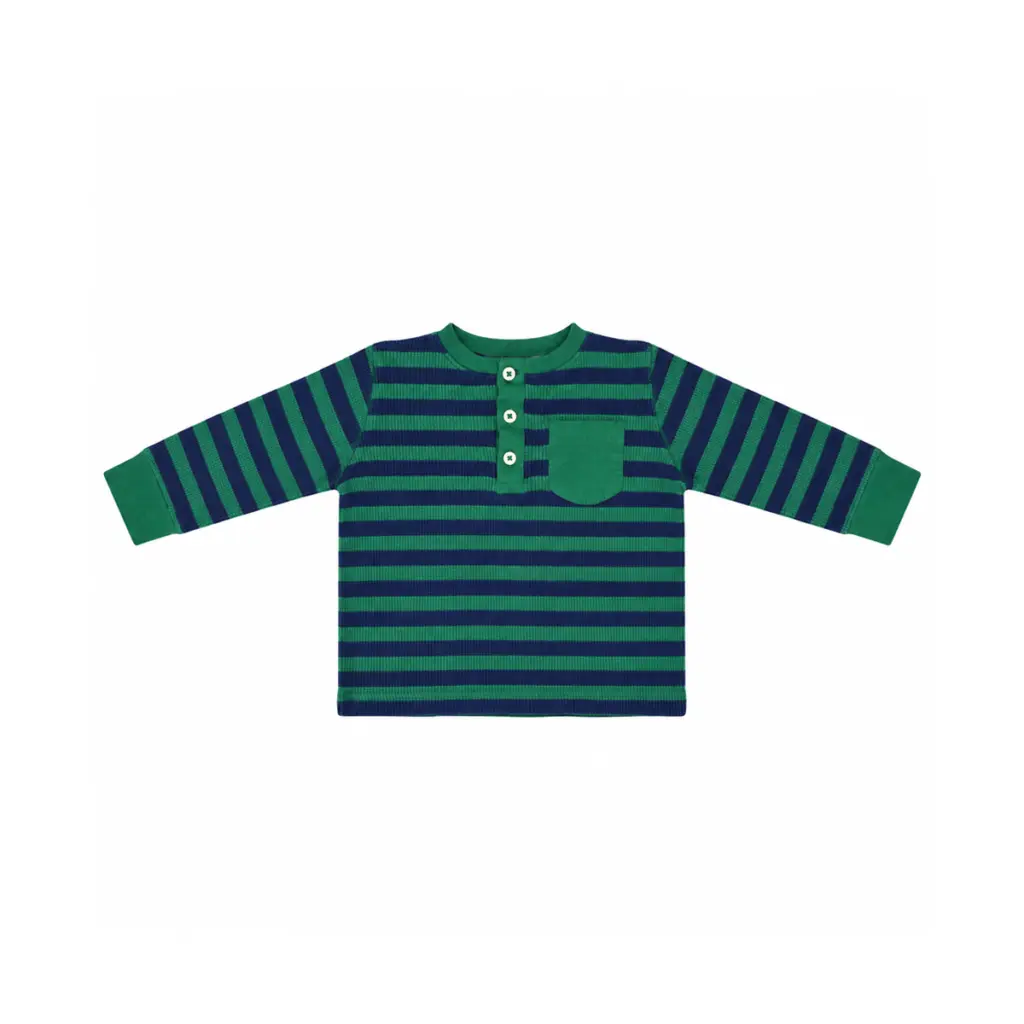 Striped Waffle Henley Shirt | Green and Navy Striped  2/3y - Designed by Mini Boden