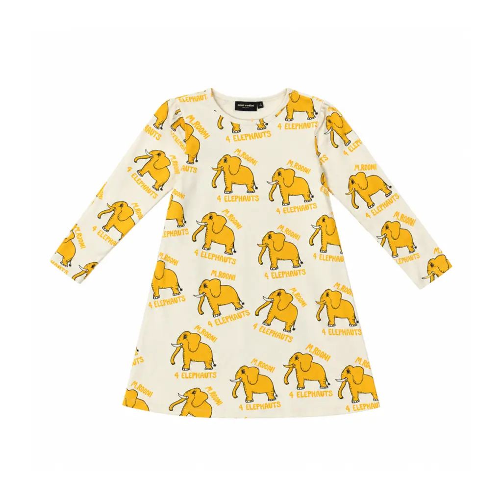 Elephant Print Long Sleeve Dress | Cream with Yellow Elephant Print  7/8y - Designed by MINI RODINI