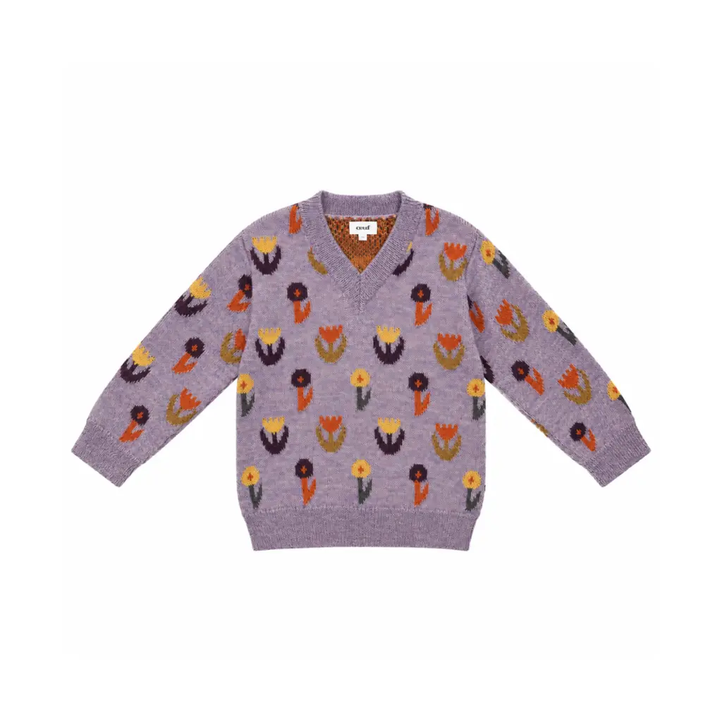 Floral V-Neck Sweater | Heathered Purple  6/7y - Designed by Oeuf