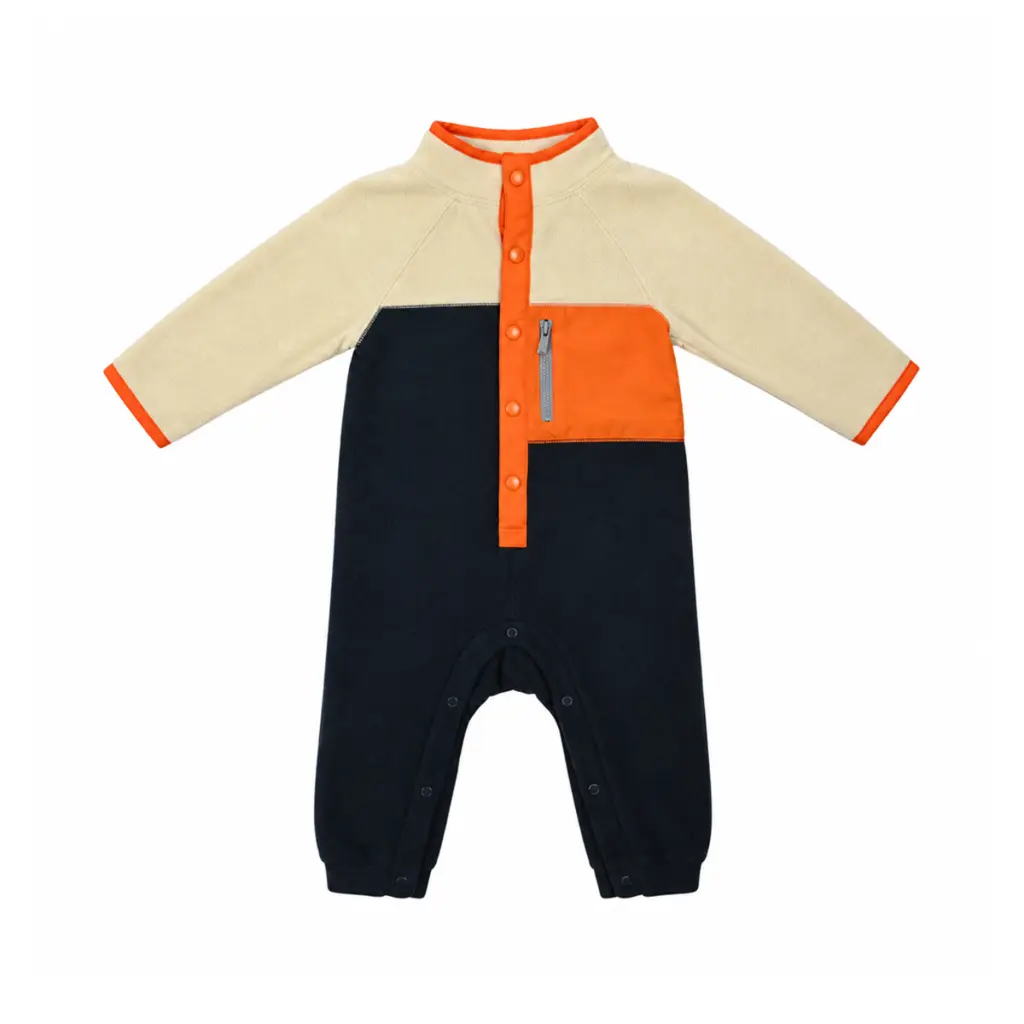 Fleece Colorblock Snap Romper | Beige & Navy  6/12m - Designed by Old Navy