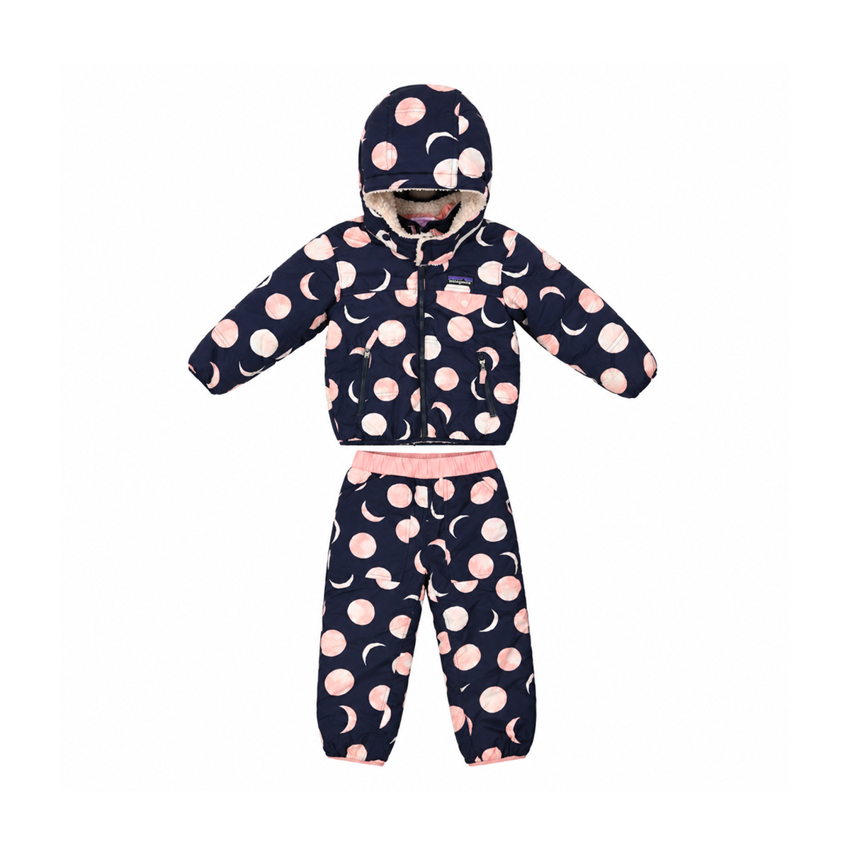 Moon Print Hooded Jacket & Snow Pants Set | Navy & Pink 3y - Designed by PATAGONIA