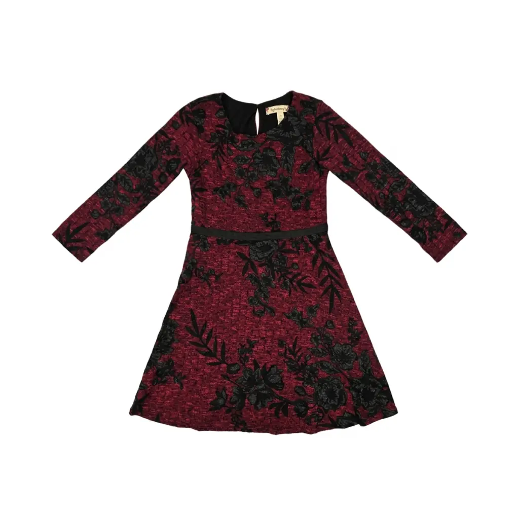 Rib-Knit Floral Long Sleeve Dress | Wine Red  6y - Designed by Speechless