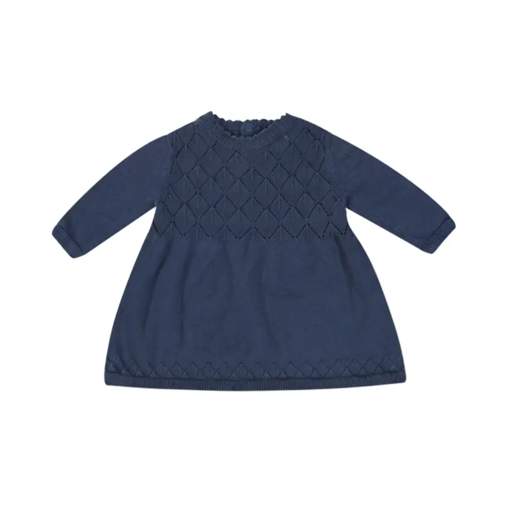 Long Sleeve Knit Dress | Navy Blue  0/3m - Designed by VIVERANO Organics